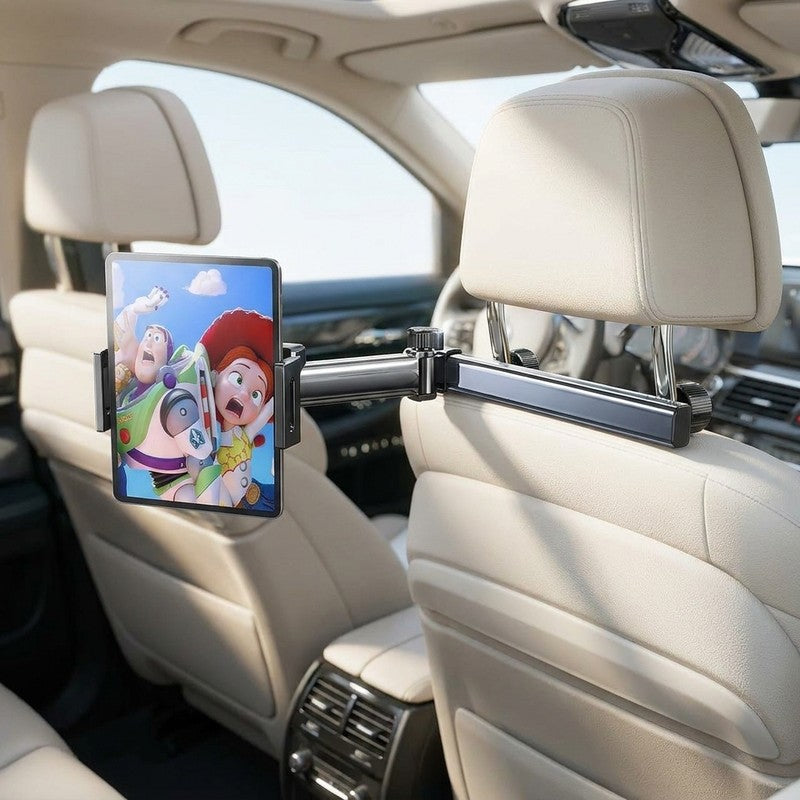 Suport auto tetiera NextWave®️, reglabil pe 3 axe pentru tablete si telefoane 4,7–11 inch, sistem metalic p — beneficii cheie