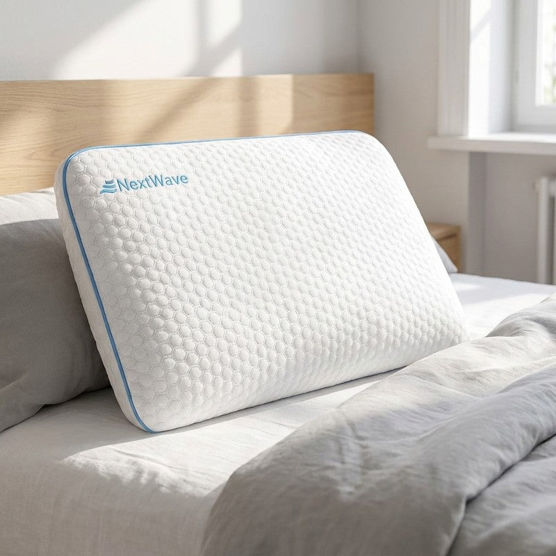 Perna ortopedica pentru dormit NextWave®, Spuma cu Memorie cu gel ventilata, Husa detasabila cu 2 zone term — beneficii cheie