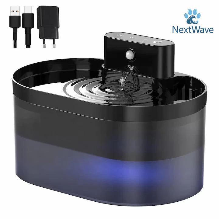 Fantana Apa Automata Pisici si Caini NextWave®, Dispencer Fara Fir, Rezervor 2.2L, Senzor de Miscare, 3 Moduri de Curgere, Alimentare Reincarcabila, Filtrare Apa, Pompa Silentioasa, Autonomie Baterie, Usor de Curatat, Negru