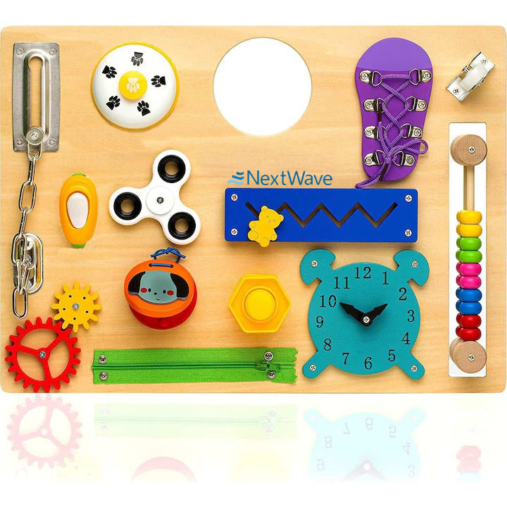 Placa senzoriala NextWave®, tabla de activitati Montessori din lemn cu 14 activitati educationale pentru invatarea abilitatilor motorii fine, jucarie de calatorie pentru copii pentru baieti si fete