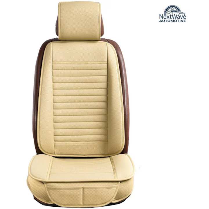Husa scaun auto universala NextWave® pentru scaun fata, protectie scaun masina, taxi si ride sharing, antialunecare, impermeabila, material respirabil pentru toate sezoanele, piele PU premium, usor de curatat, culoare bej