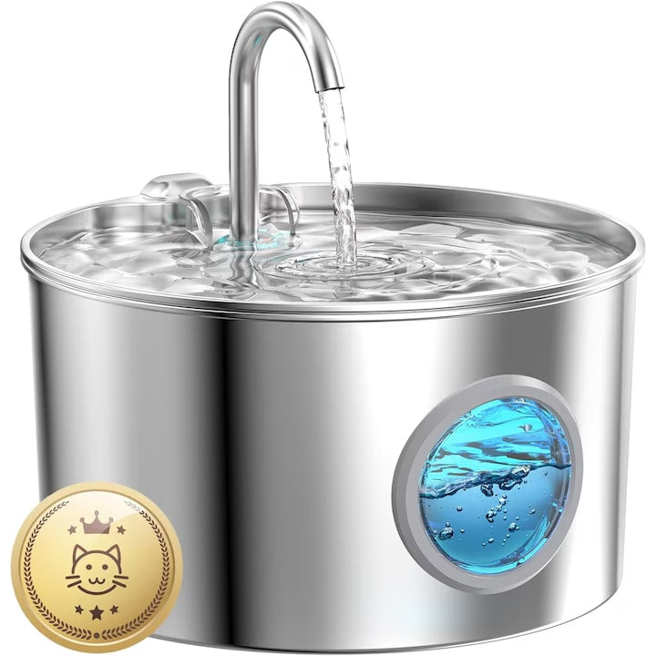 Dispenser apa automat tip fantana NextWave® pentru pisici si caini, cu fereastra mare pentru nivelul apei, purificare si filtrare prin carbune activ, otel inoxidabil 304, ultra-silentiosa, USB C, adaptor priza, model rotund, capacitate 3.1L, Argintiu