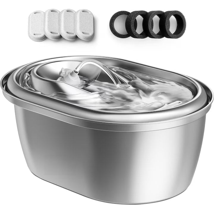 Dispenser apa automat tip fantana NextWave® pentru pisici si caini, cu fereastra mare pentru nivelul apei, purificare si filtrare prin carbune activ, otel inoxidabil 304, ultra-silentiosa, USB C, adaptor priza, model rotund, Argintiu