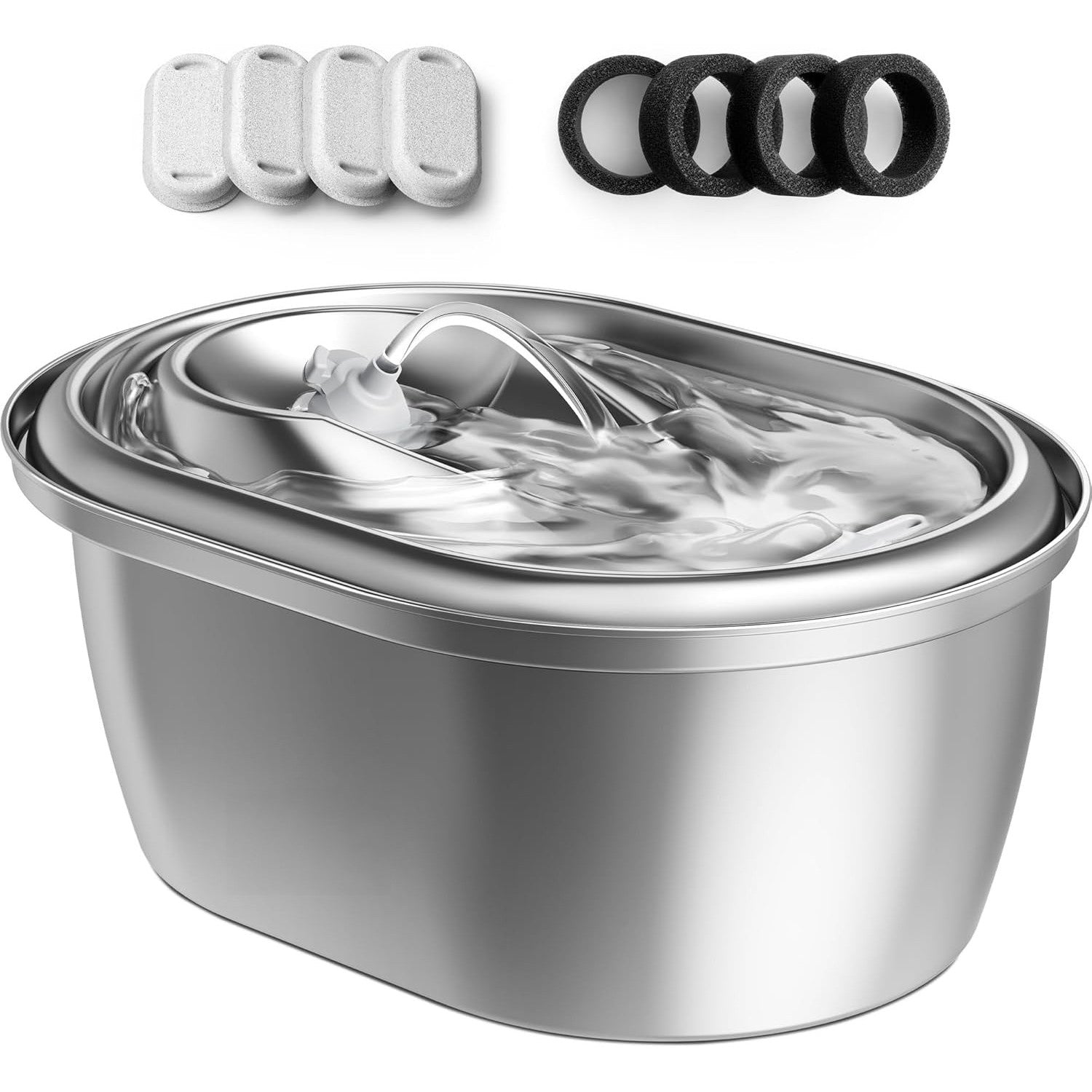 Dispenser apa automat tip fantana NextWave® pentru pisici si caini, cu fereastra mare pentru nivelul apei, purificare si filtrare prin carbune activ, otel inoxidabil 304, ultra-silentiosa, USB C, adaptor priza, model rotund, Argintiu