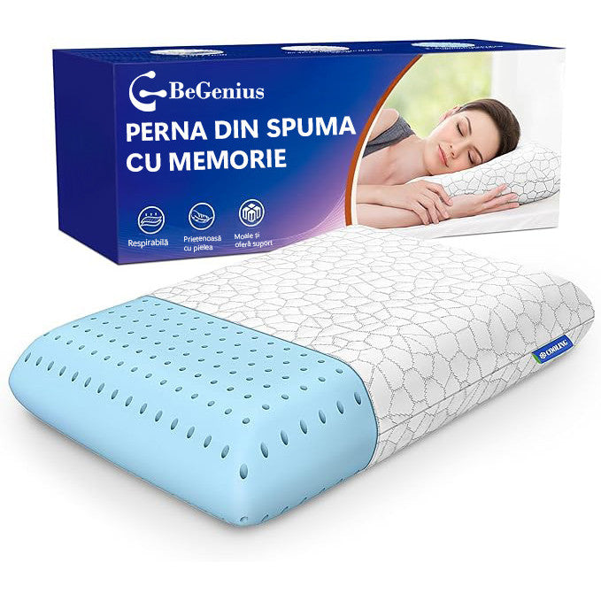 Pernă pentru dormit BeGenius Spumă cu memorie cu gel ventilat Confort echilibrat pentru somn odihnitor 60x40x12 cm