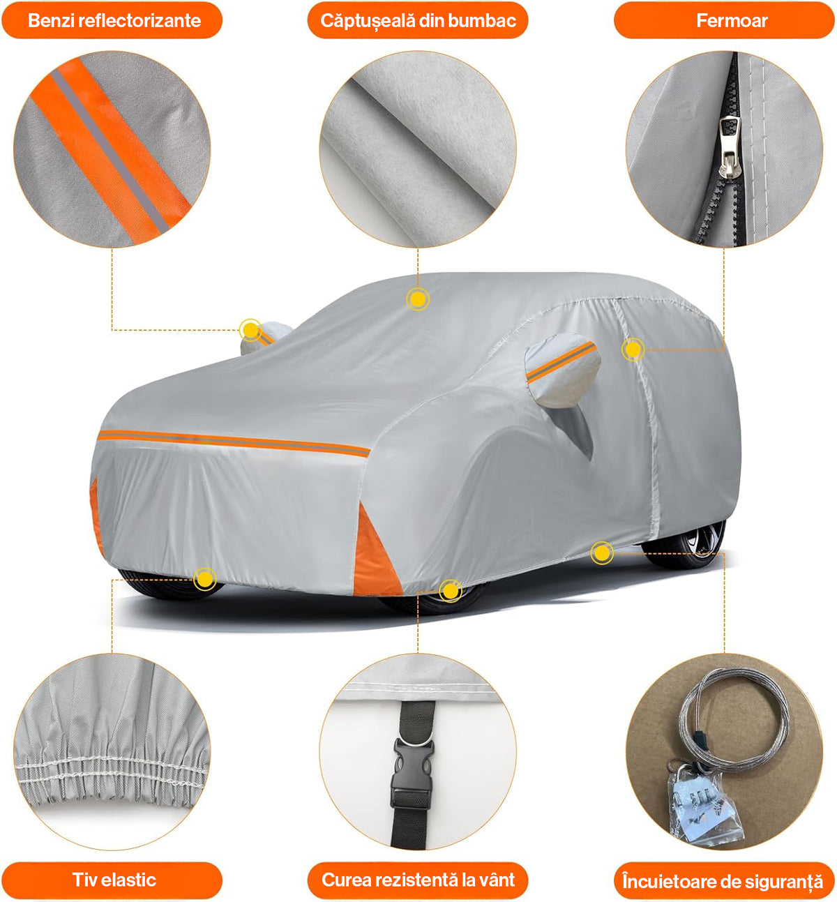 Prelata Auto Premium NextWave®️ PORTOCALIU, Impermeabila, Protectie UV, Praf, Zapada, Inghet, Universala pentru Sedan, Buzunare Oglinzi, Fermoar Usa Sofer, Material Premium, Husa Saculet Depozitare, Portocaliu