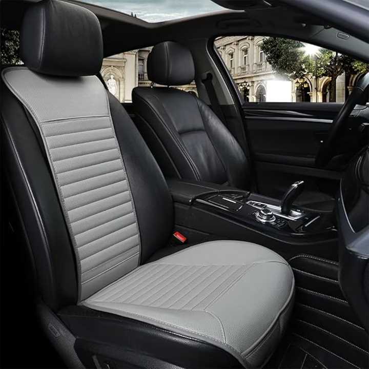 Husa scaun auto universala NextWave®️, ofera protectie scaun fata, universala, masina personala, taxi, ride sharing, antialunecare, material respirabil, pentru toate sezoanele, Piele PU gri