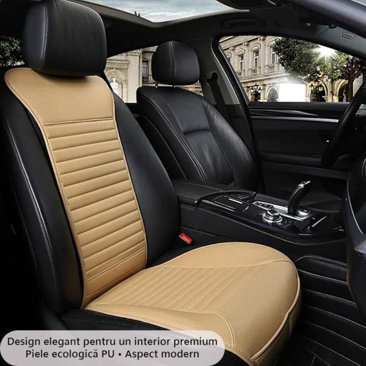 Husa scaun auto universala NextWave®️, ofera protectie scaun fata, universala, masina personala, taxi, ride sharing, antialunecare, material respirabil, pentru toate sezoanele, Piele PU bej