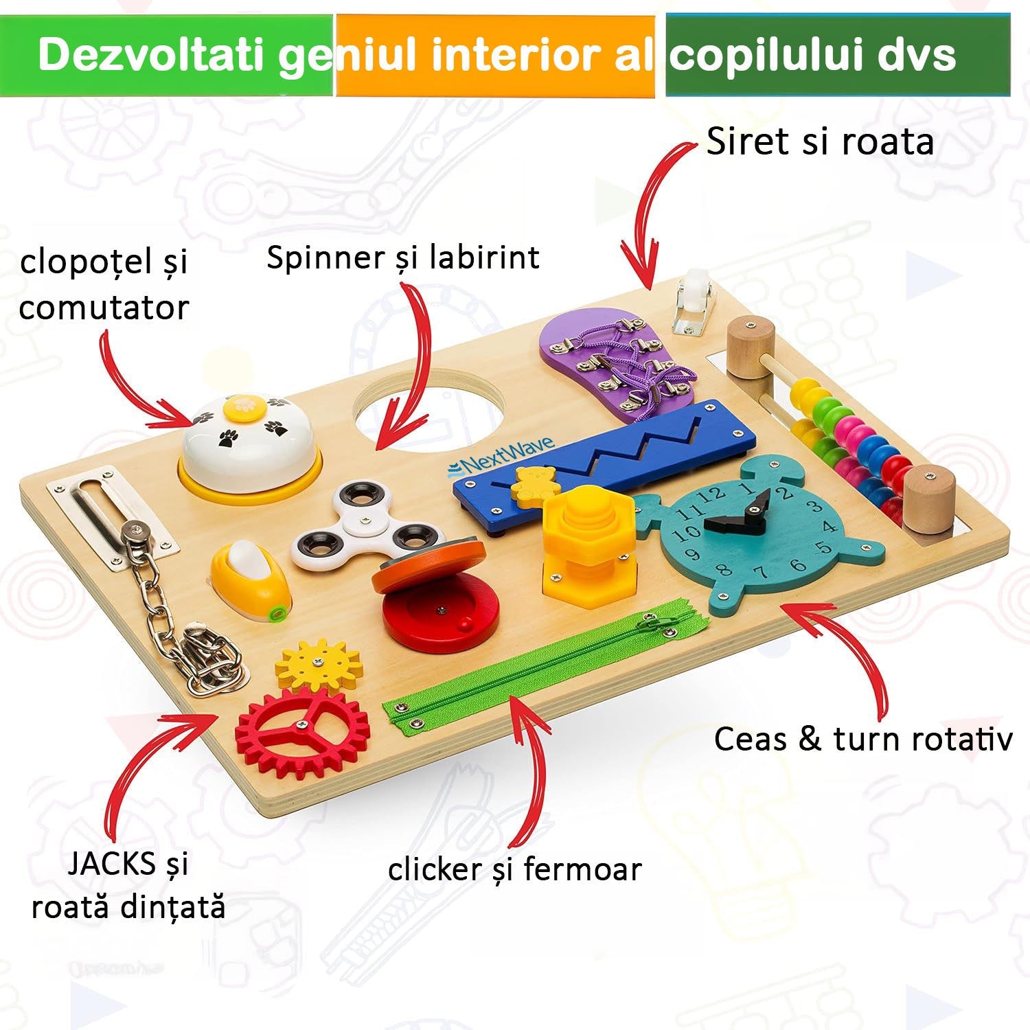 Placa senzoriala NextWave®, tabla de activitati Montessori din lemn cu 14 activitati educationale pentru invatarea abilitatilor motorii fine, jucarie de calatorie pentru copii pentru baieti si fete