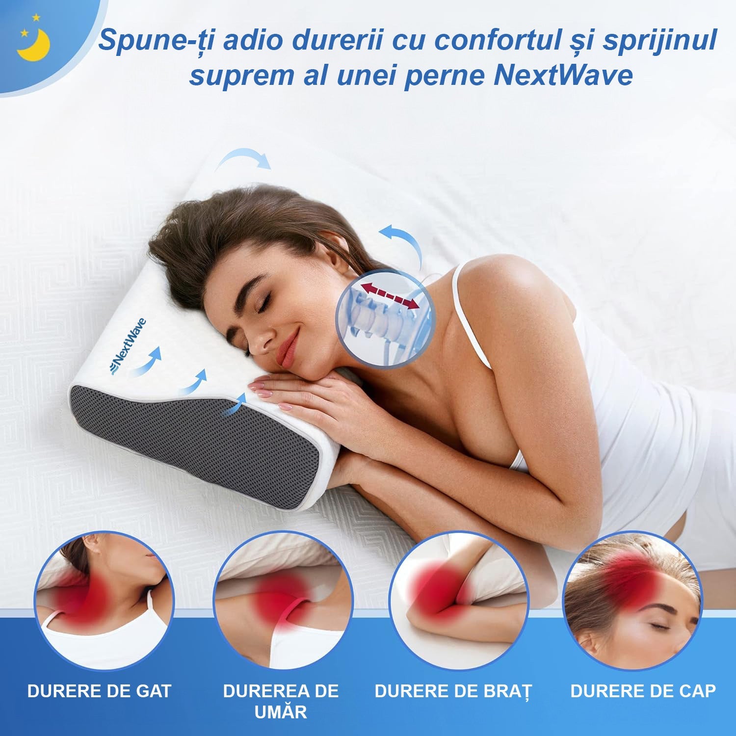 Pernă pentru dormit NextWave Spumă cu memorie ergonomică Confort echilibrat pentru somn odihnitor