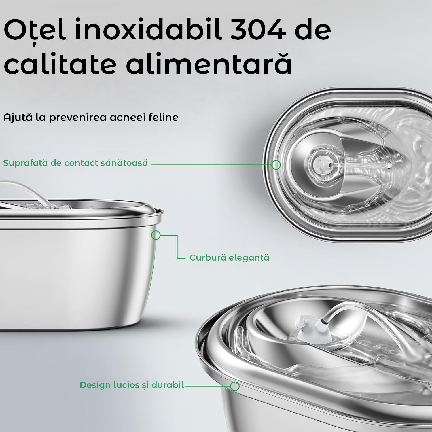Dispenser apa automat tip fantana NextWave® pentru pisici si caini, cu fereastra mare pentru nivelul apei, purificare si filtrare prin carbune activ, otel inoxidabil 304, ultra-silentiosa, USB C, adaptor priza, model rotund, Argintiu