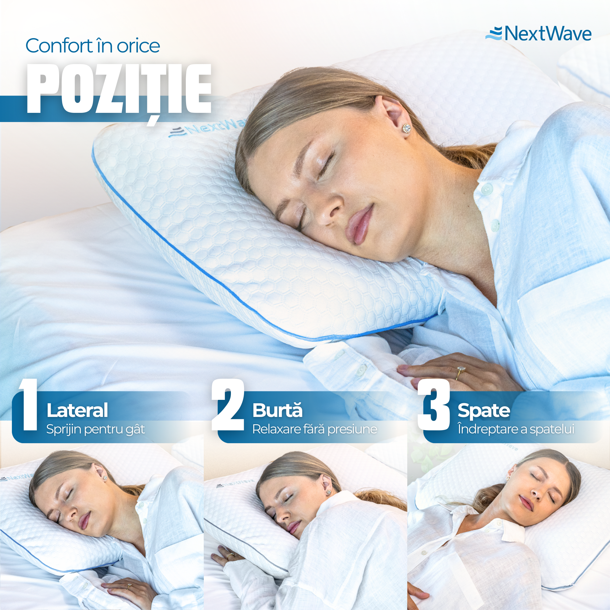 Pernă pentru dormit NextWave Spumă cu memorie cu gel ventilat Confort ferm pentru somn odihnitor
