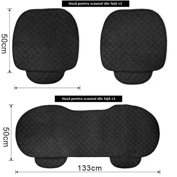 Set 2 Huse scaun auto fata universala si 1 husa bancheta NextWave®️, ofera protectie pentru sezut scaune fata si bancheta, design elegant cu buzunar pentru depozitare, anti-alunecare, material respirabil, pentru toate sezoanele, negru