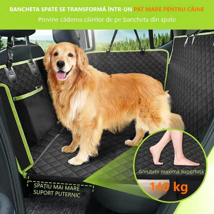 Husa scaune auto protectie si transport animale extinsa NextWave®️, insertie 3 placi pentru caini, pisici de toate taliile, rezistenta pana la 140 kg, ofera protectie bancheta spate autoturism, pat animale, Universala, Negru cu Verde