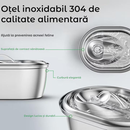 Dispenser apa automat tip fantana NextWave® pentru pisici si caini, cu fereastra mare pentru nivelul apei, purificare si filtrare prin carbune activ, otel inoxidabil 304, ultra-silentiosa, USB C, adaptor priza, model rotund, capacitate 2L, Argintiu
