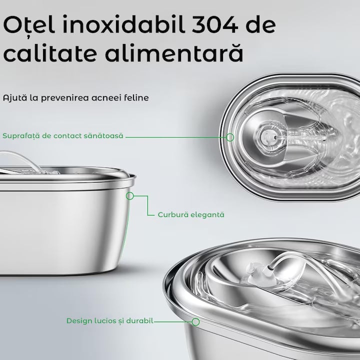 Dispenser apa automat tip fantana NextWave® pentru pisici si caini, cu fereastra mare pentru nivelul apei, purificare si filtrare prin carbune activ, otel inoxidabil 304, ultra-silentiosa, USB C, adaptor priza, model rotund, Argintiu
