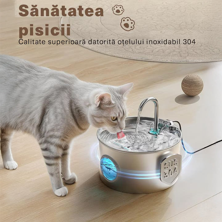 Dispenser apa automat tip fantana NextWave® pentru pisici si caini, cu fereastra mare pentru nivelul apei, purificare si filtrare prin carbune activ, otel inoxidabil 304, ultra-silentiosa, USB C, adaptor priza, model rotund, capacitate 3.1L, Argintiu