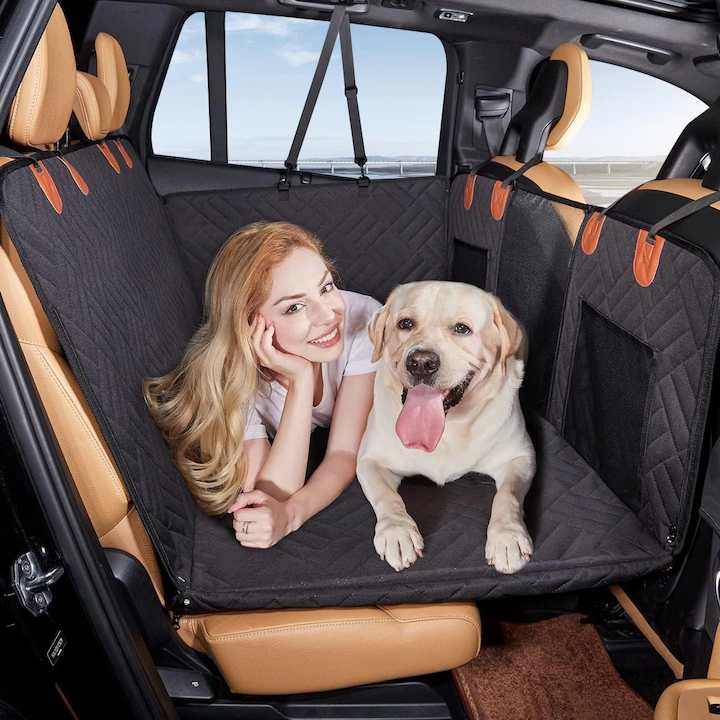 Husa scaune auto protectie si transport animale extinsa NextWave®️, insertie 3 placi pentru caini, pisici de toate taliile, rezistenta pana la 140 kg, ofera protectie bancheta spate autoturism, pat animale, Universala, Negru