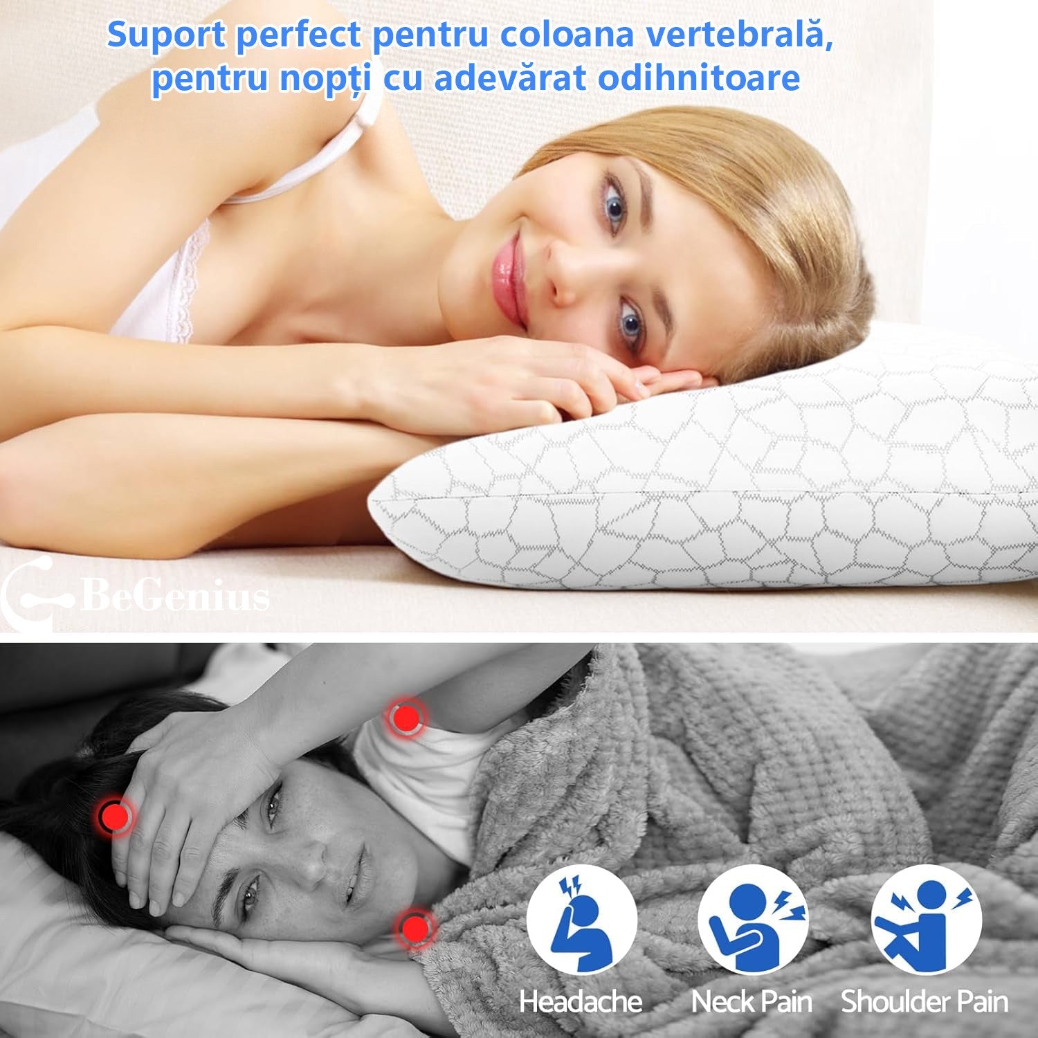 Perna ortopedica pentru dormit din spuma cu memorie cu gel BeGenius, Husa detasabila, ergonomica ventilata pentru Gat si Suport Cervical, Ideala pentru dormitul lateral, spate sau stomac, 60x40x12 cm, fermitate moale