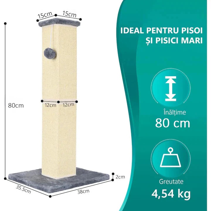 Ansamblu de joaca pentru pisici, NextWave, stalp pentru ascutit gheare, bila suspendata, gri, 80cm