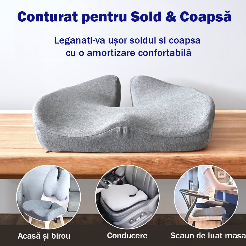 Perna ortopedica sezut NextWave®️, din spuma cu memorie, Coccis, pentru scaun de birou sau masina, husa detasabile, respirabila si antialunecare, protectie zona Lombara, Sciatica, Dureri de sold, Hemoroizi, Gri