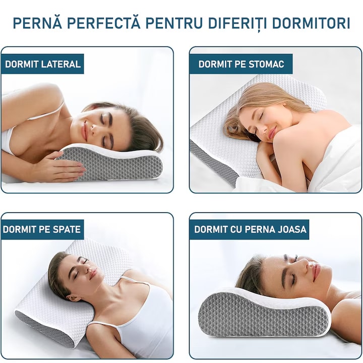 Perna ortopedica pentru dormit NextWave®, Spuma cu Memorie ergonomica pentru Gat si Suport Cervical, Ideala pentru dormitul lateral, spate sau stomac, Husa detasabila lavabila, Fermitate Medie