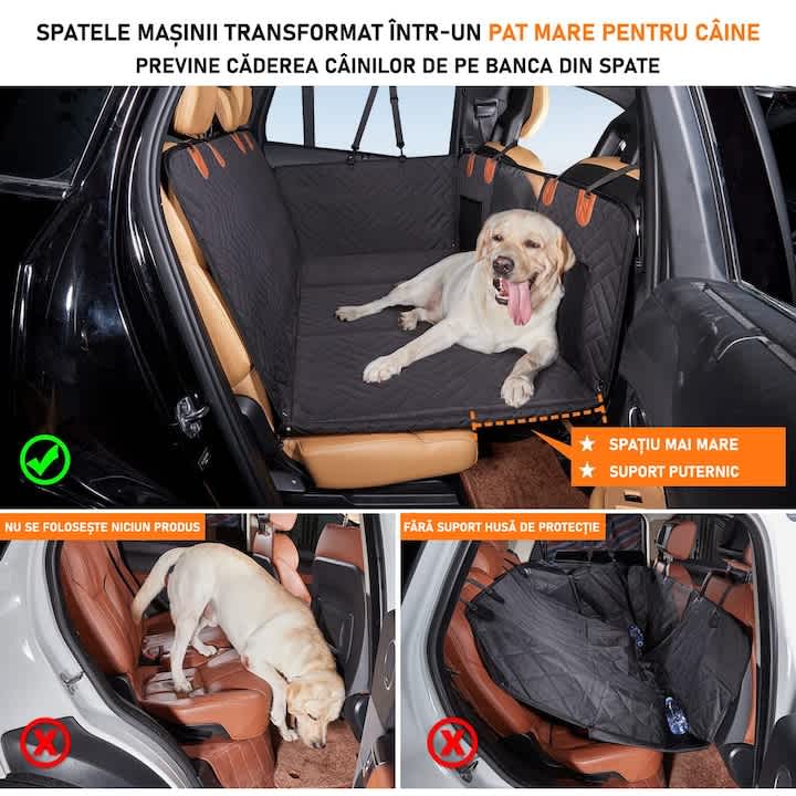 Husa scaune auto protectie si transport animale extinsa NextWave®️, insertie 3 placi pentru caini, pisici de toate taliile, rezistenta pana la 140 kg, ofera protectie bancheta spate autoturism, pat animale, Universala, Negru