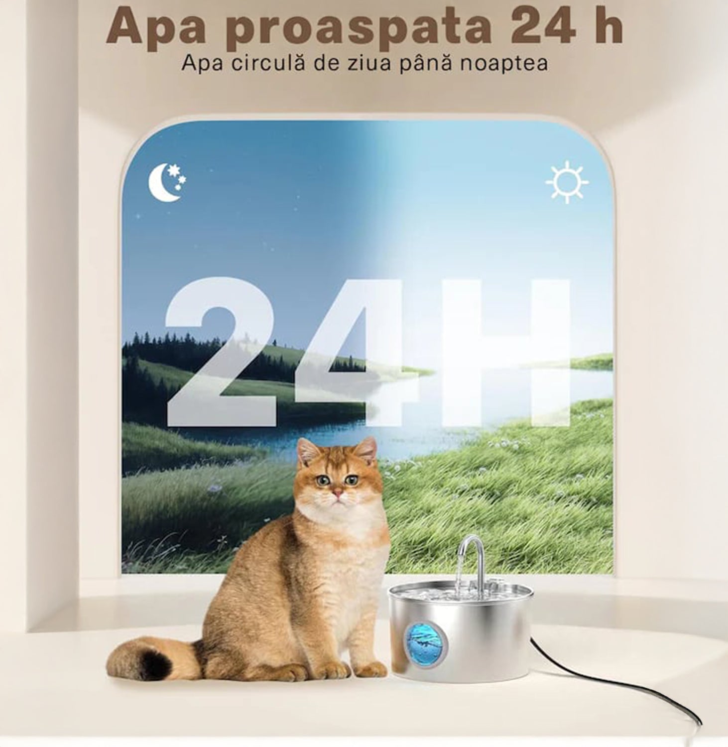 Dispenser apa automat tip fantana NextWave® pentru pisici si caini, cu fereastra mare pentru nivelul apei, purificare si filtrare prin carbune activ, otel inoxidabil 304, ultra-silentiosa, USB C, adaptor priza, model rotund, capacitate 3.1L, Argintiu