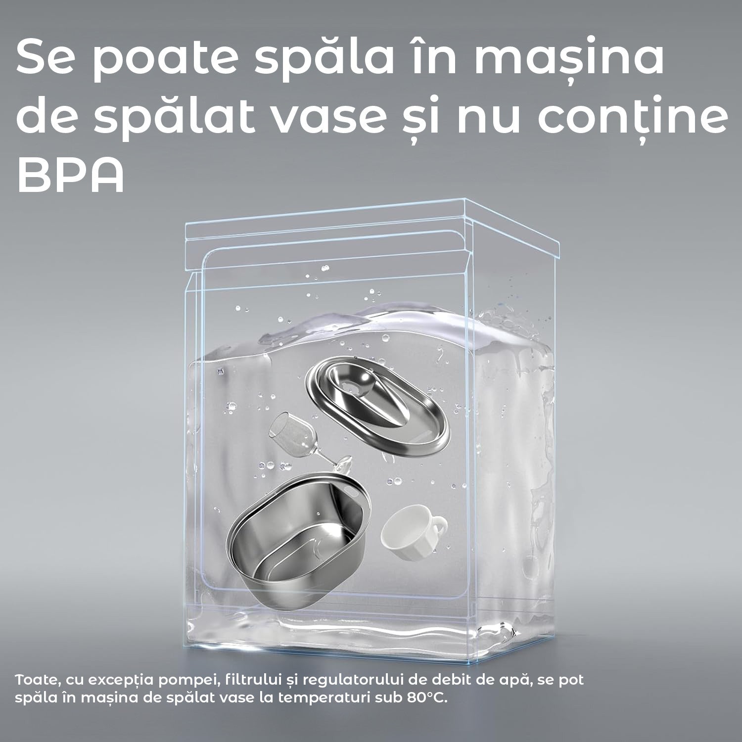 Dispenser apa automat tip fantana NextWave® pentru pisici si caini, cu fereastra mare pentru nivelul apei, purificare si filtrare prin carbune activ, otel inoxidabil 304, ultra-silentiosa, USB C, adaptor priza, model rotund, Argintiu