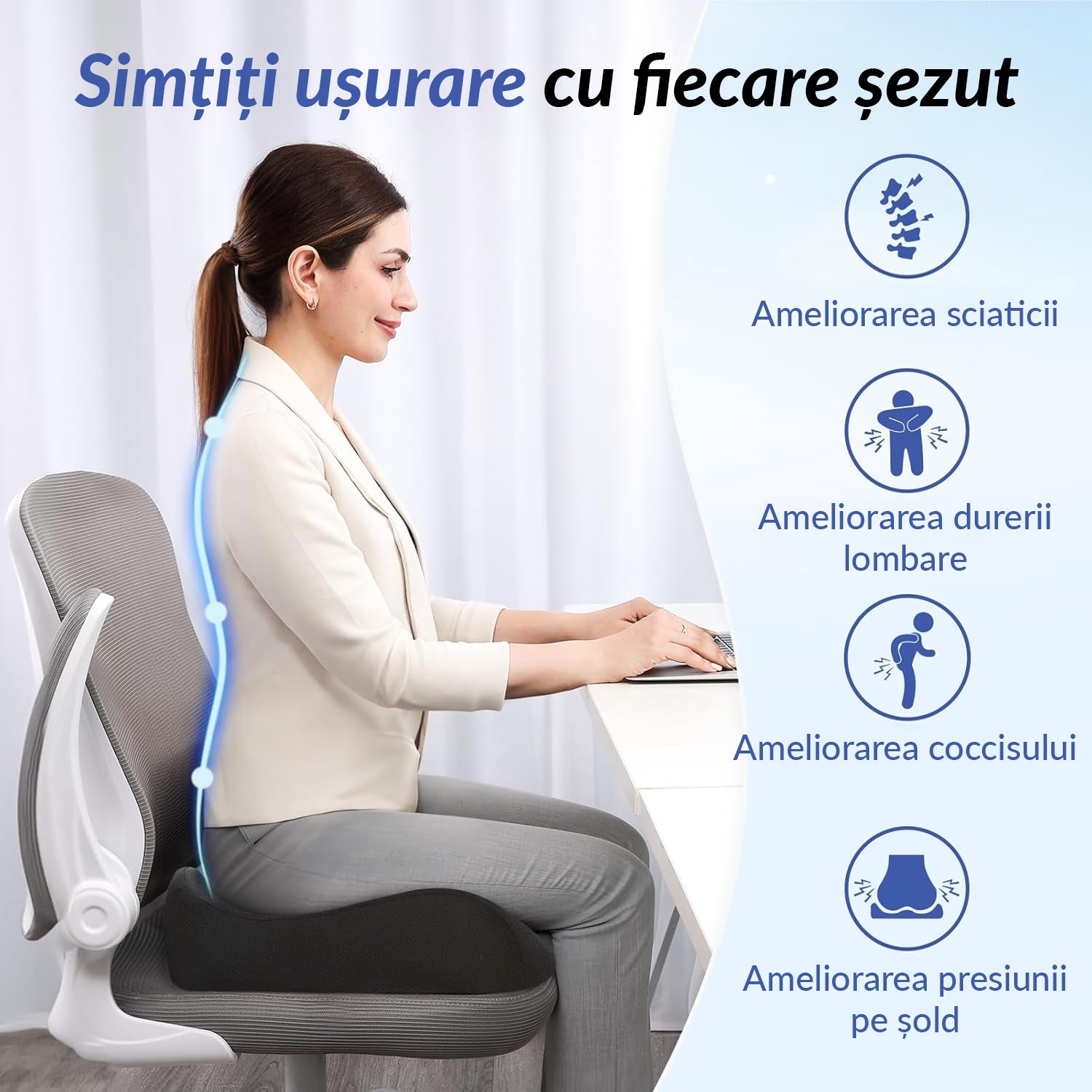 Pernă pentru scaun NextWave Spumă cu memorie densă Confort ergonomic pentru birou și mașină Negru 46×41×5,6 cm