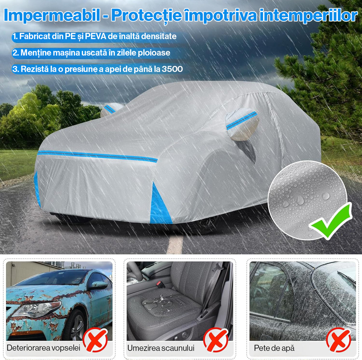 Prelata Auto Premium NextWave®️ ALBASTRU, Impermeabila, Protectie UV, Praf, Zapada, Inghet, Universala pentru Sedan, Buzunare Oglinzi, Fermoar Usa Sofer, Material Premium, Husa Saculet Depozitare, Albastru