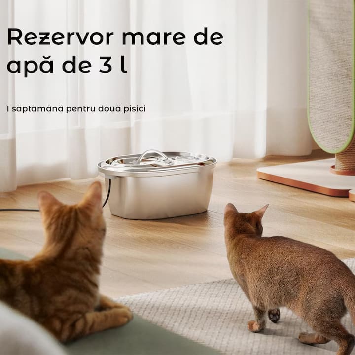 Dispenser apa automat tip fantana NextWave® pentru pisici si caini, cu fereastra mare pentru nivelul apei, purificare si filtrare prin carbune activ, otel inoxidabil 304, ultra-silentiosa, USB C, adaptor priza, model rotund, capacitate 2L, Argintiu