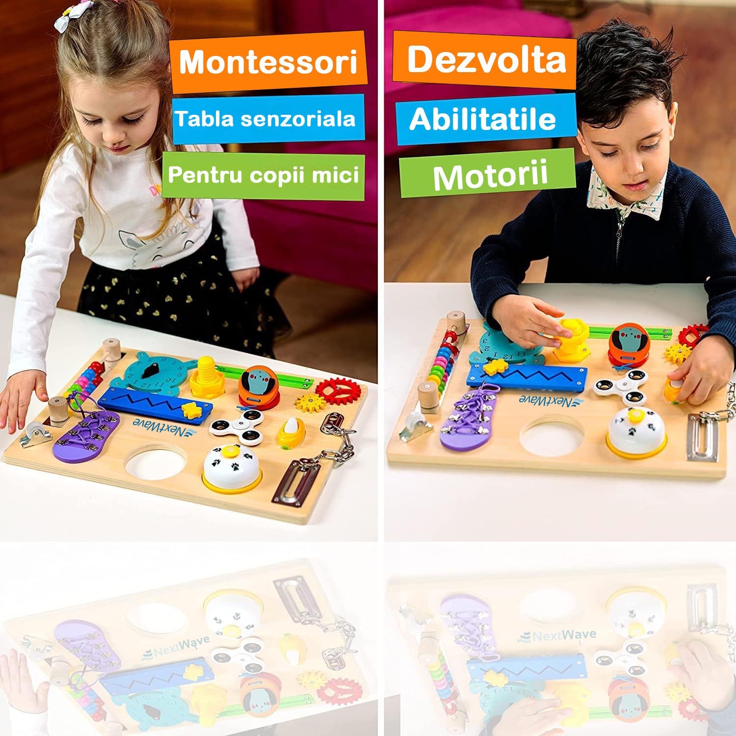 Placa senzoriala NextWave®, tabla de activitati Montessori din lemn cu 14 activitati educationale pentru invatarea abilitatilor motorii fine, jucarie de calatorie pentru copii pentru baieti si fete