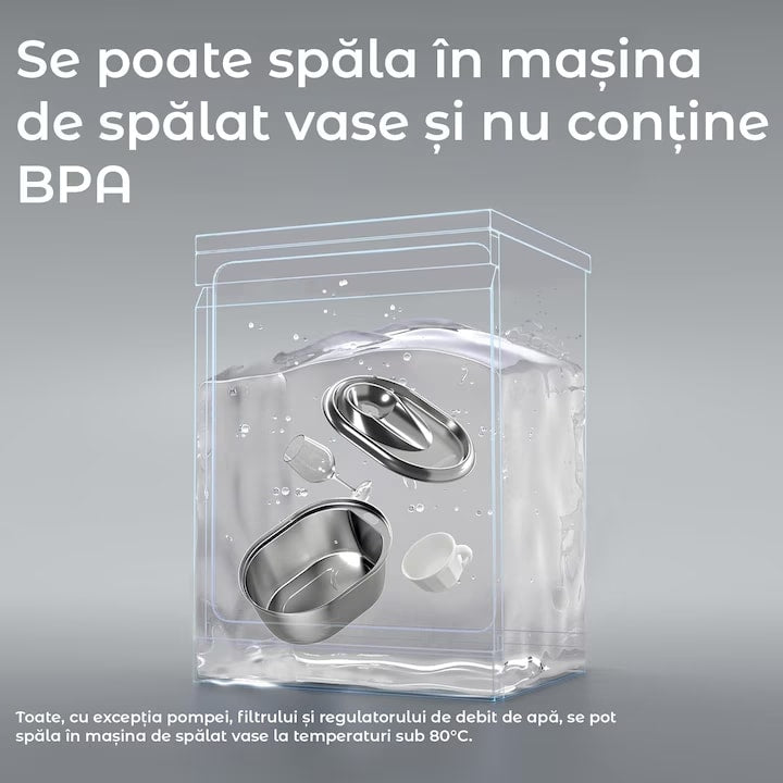 Dispenser apa automat tip fantana NextWave® pentru pisici si caini, cu fereastra mare pentru nivelul apei, purificare si filtrare prin carbune activ, otel inoxidabil 304, ultra-silentiosa, USB C, adaptor priza, model rotund, capacitate 2L, Argintiu