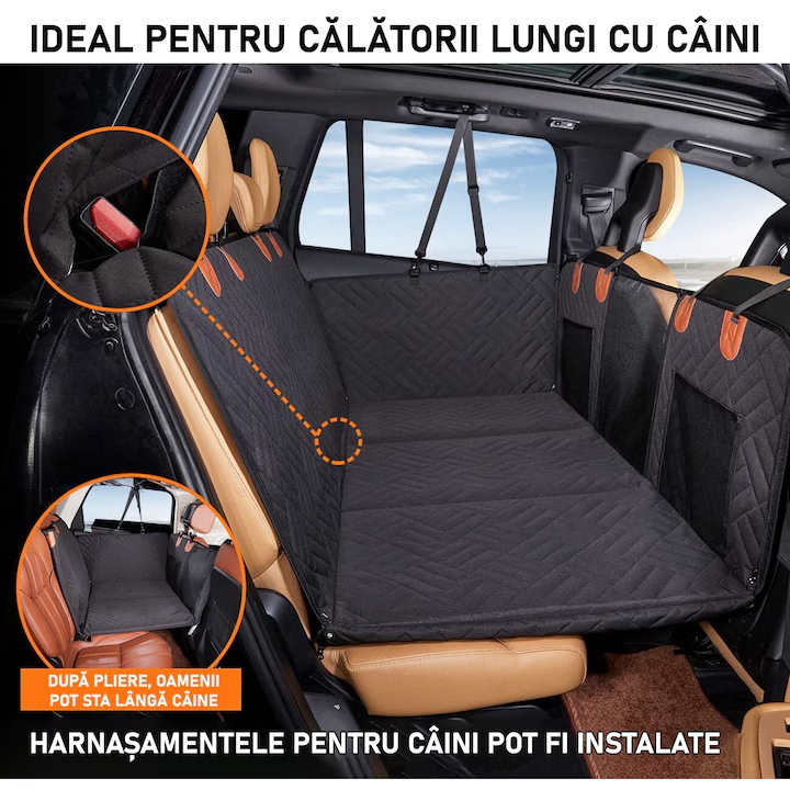 Husa scaune auto protectie si transport animale extinsa NextWave®️, insertie 3 placi pentru caini, pisici de toate taliile, rezistenta pana la 140 kg, ofera protectie bancheta spate autoturism, pat animale, Universala, Negru