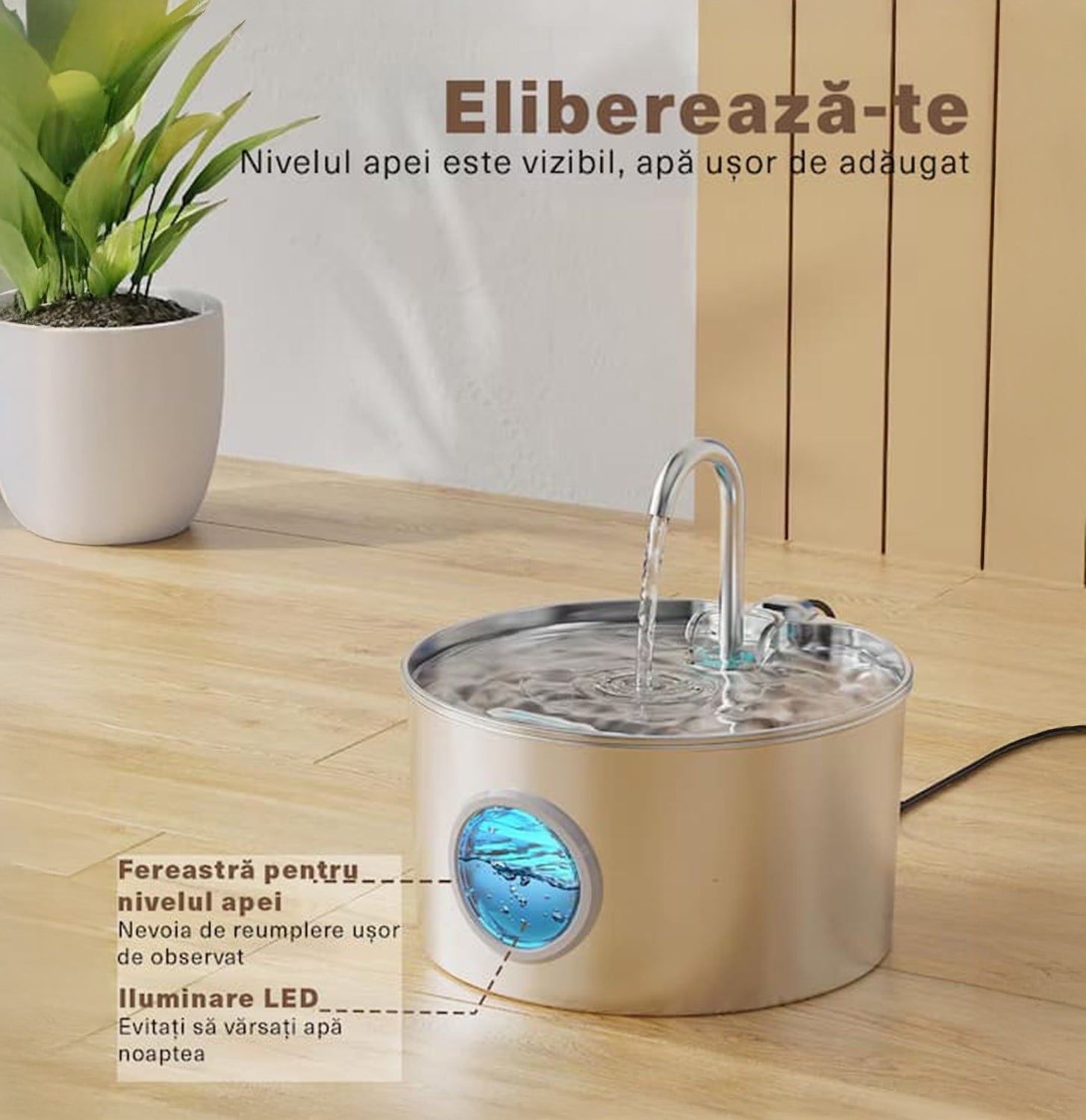 Dispenser apa automat tip fantana NextWave® pentru pisici si caini, cu fereastra mare pentru nivelul apei, purificare si filtrare prin carbune activ, otel inoxidabil 304, ultra-silentiosa, USB C, adaptor priza, model rotund, capacitate 3.1L, Argintiu