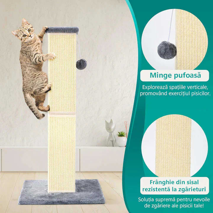 Ansamblu de joaca pentru pisici NextWave®, stalp pentru ascutit ghearelor, bila suspendata, confectionat din sisan natural, rezistent la zgarieturi, inaltime mare de 80cm pentru protectia mobilierului, gri