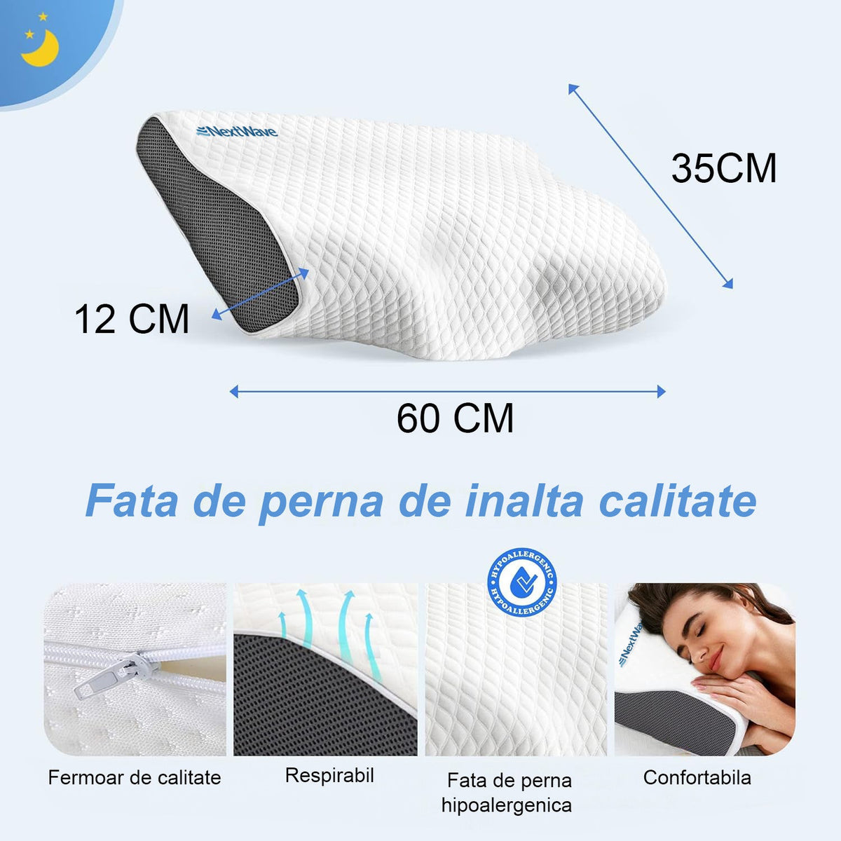Perna ortopedica pentru dormit NextWave, Spuma cu Memorie ergonomica pentru Gat si Suport Cervical, Husa lavabila, Ideala pentru dormitul lateral, spate sau stomac, beneficii medicale