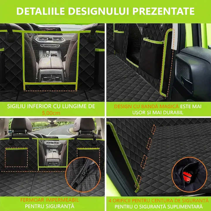 Husa scaune auto protectie si transport animale extinsa NextWave®️, insertie 3 placi pentru caini, pisici de toate taliile, rezistenta pana la 140 kg, ofera protectie bancheta spate autoturism, pat animale, Universala, Negru cu Verde