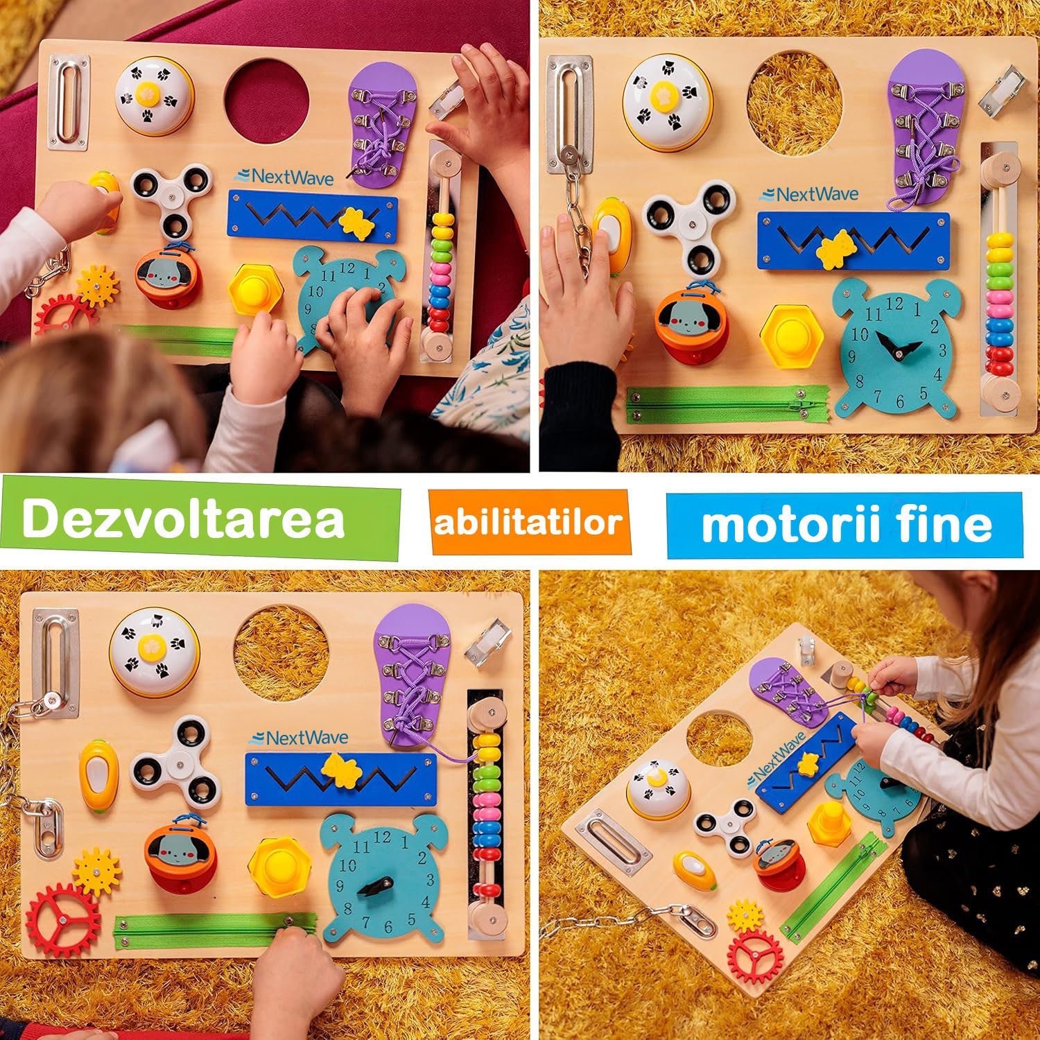 Placa senzoriala NextWave®, tabla de activitati Montessori din lemn cu 14 activitati educationale pentru invatarea abilitatilor motorii fine, jucarie de calatorie pentru copii pentru baieti si fete