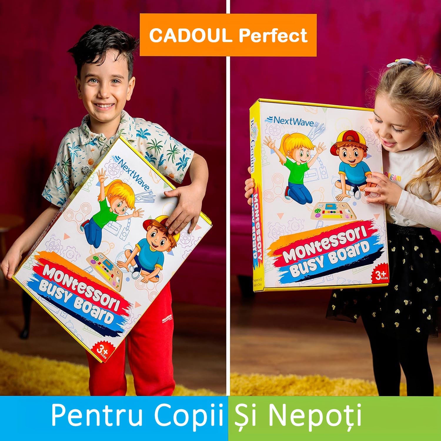 Placa senzoriala NextWave®, tabla de activitati Montessori din lemn cu 14 activitati educationale pentru invatarea abilitatilor motorii fine, jucarie de calatorie pentru copii pentru baieti si fete