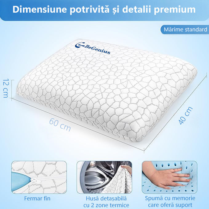 Pernă pentru dormit BeGenius Spumă cu memorie cu gel ventilat Confort echilibrat pentru somn odihnitor 60x40x12 cm