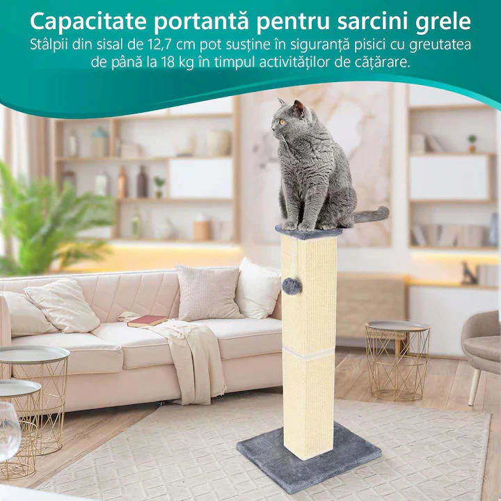 Ansamblu de joaca pentru pisici NextWave®, stalp pentru ascutit ghearelor, bila suspendata, confectionat din sisan natural, rezistent la zgarieturi, inaltime mare de 80cm pentru protectia mobilierului, gri
