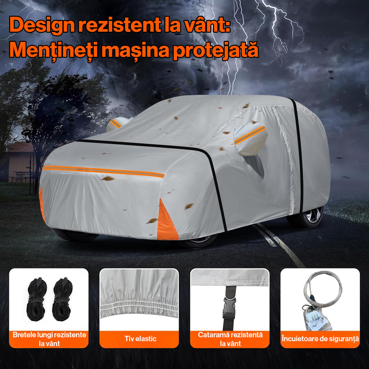 Prelata Auto Premium NextWave®️ PORTOCALIU, Impermeabila, Protectie UV, Praf, Zapada, Inghet, Universala pentru Sedan, Buzunare Oglinzi, Fermoar Usa Sofer, Material Premium, Husa Saculet Depozitare, Portocaliu