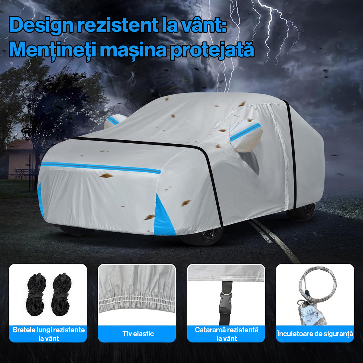 Prelata Auto Premium NextWave®️ ALBASTRU, Impermeabila, Protectie UV, Praf, Zapada, Inghet, Universala pentru Sedan, Buzunare Oglinzi, Fermoar Usa Sofer, Material Premium, Husa Saculet Depozitare, Albastru