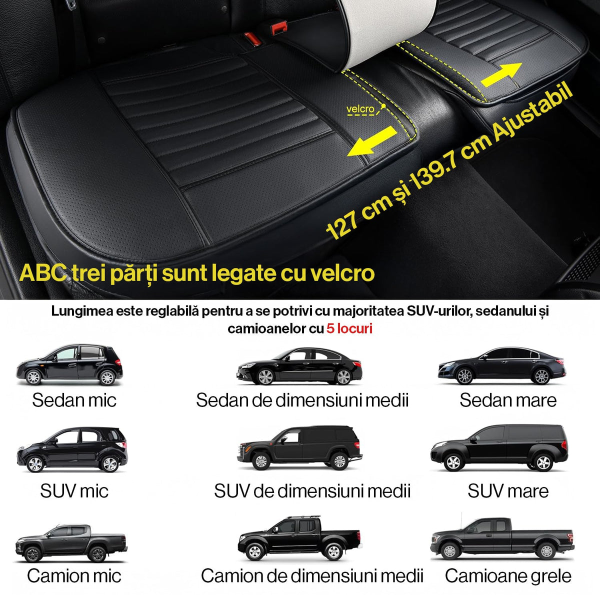 Husa scaun auto ajustabila spate NextWave®️, universala, 127-140 cm, ofera protectie pentru sezut bancheta spate, piele PU, anti-alunecare, design elegant cu buzunare pentru depozitare, Negru