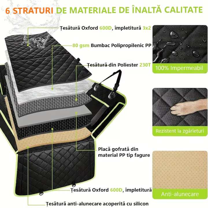 Husa scaune auto protectie si transport animale extinsa NextWave®️, insertie 3 placi pentru caini, pisici de toate taliile, rezistenta pana la 140 kg, ofera protectie bancheta spate autoturism, pat animale, Universala, Negru cu Verde