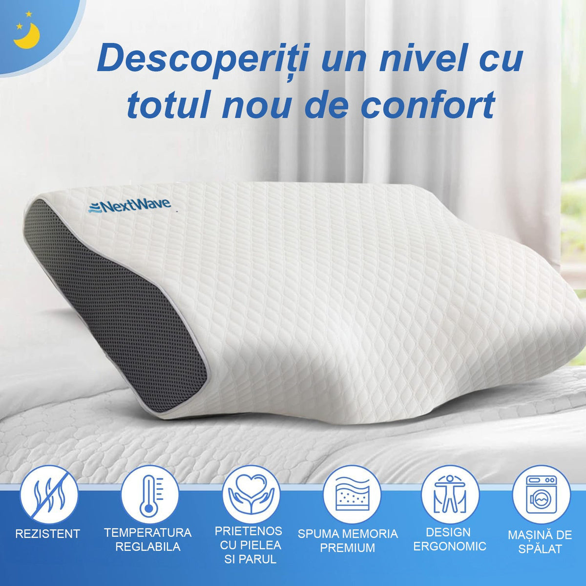 Perna ortopedica pentru dormit NextWave, Spuma cu Memorie ergonomica pentru Gat si Suport Cervical, Husa lavabila, Ideala pentru dormitul lateral, spate sau stomac, beneficii medicale