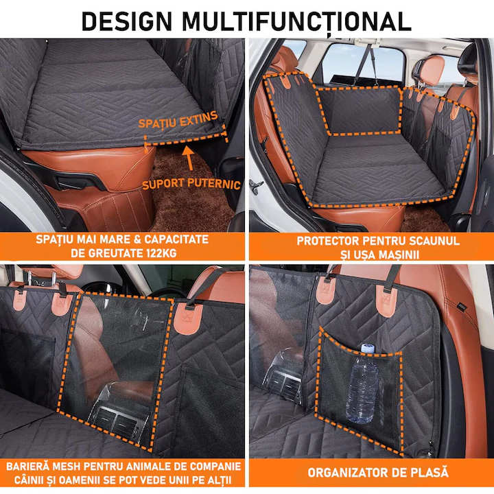 Husa scaune auto protectie si transport animale extinsa NextWave®️, insertie 3 placi pentru caini, pisici de toate taliile, rezistenta pana la 140 kg, ofera protectie bancheta spate autoturism, pat animale, Universala, Negru