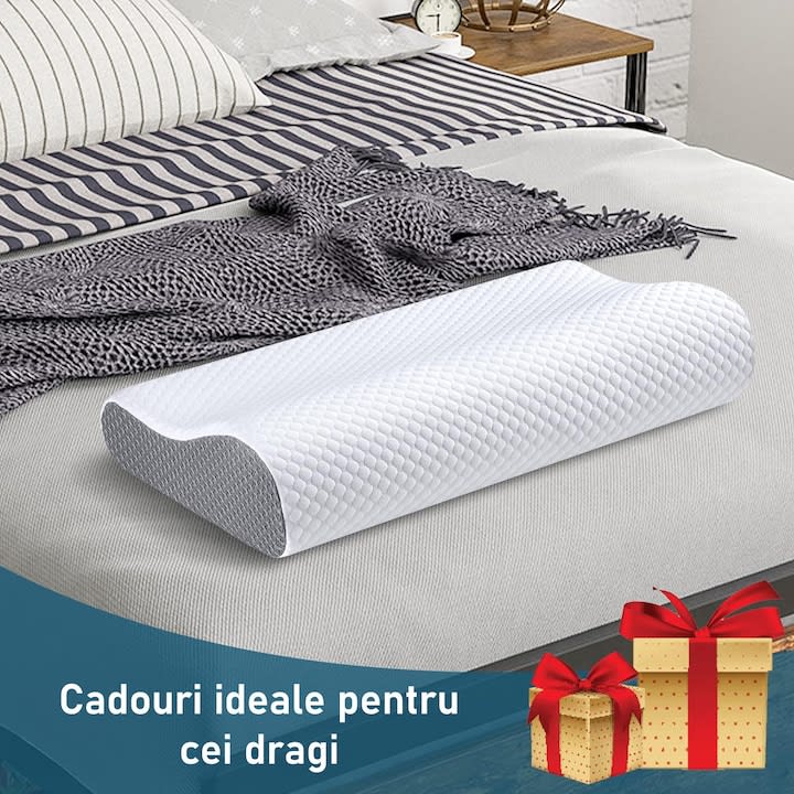 Perna ortopedica pentru dormit NextWave®, Spuma cu Memorie ergonomica pentru Gat si Suport Cervical, Ideala pentru dormitul lateral, spate sau stomac, Husa detasabila lavabila, Fermitate Medie